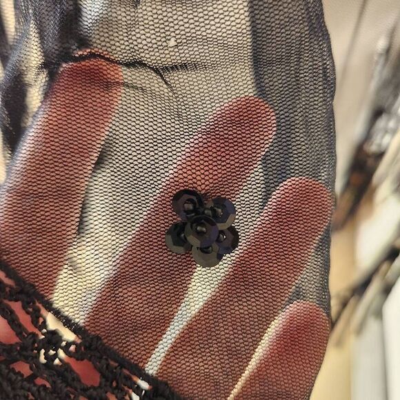 Kenneth Cole reaction black semi sheer floral beaded fringe shawl cover up scarf - Picture 2 of 4